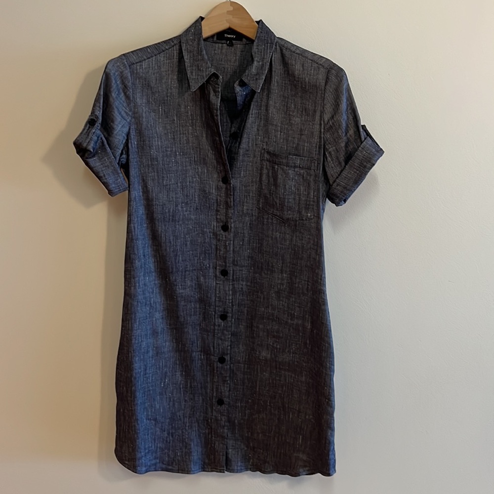 Theory Stretch Denim‑Look Shirt Dress – Button Front, Pockets, Size XS - Picture 4 of 9